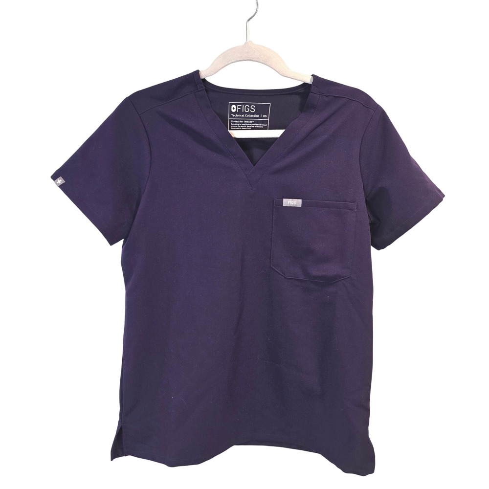 FIGS Catarina Scrub Top Women XS Dark Purple V-Neck One-Pocket Technical
